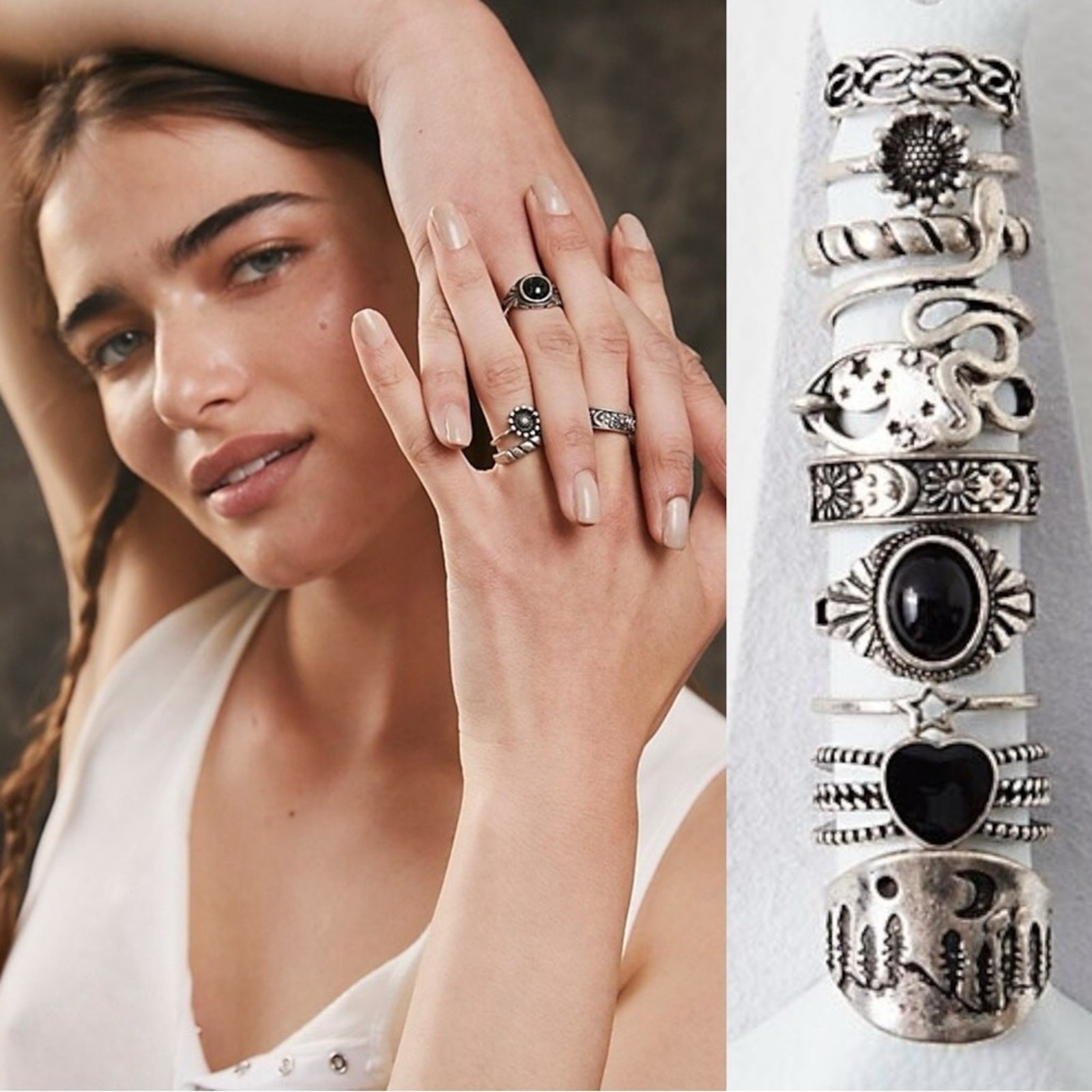 Free People Celestial Western Bohemian Ring Set Silver Onyx Snake Moon Star NWT
