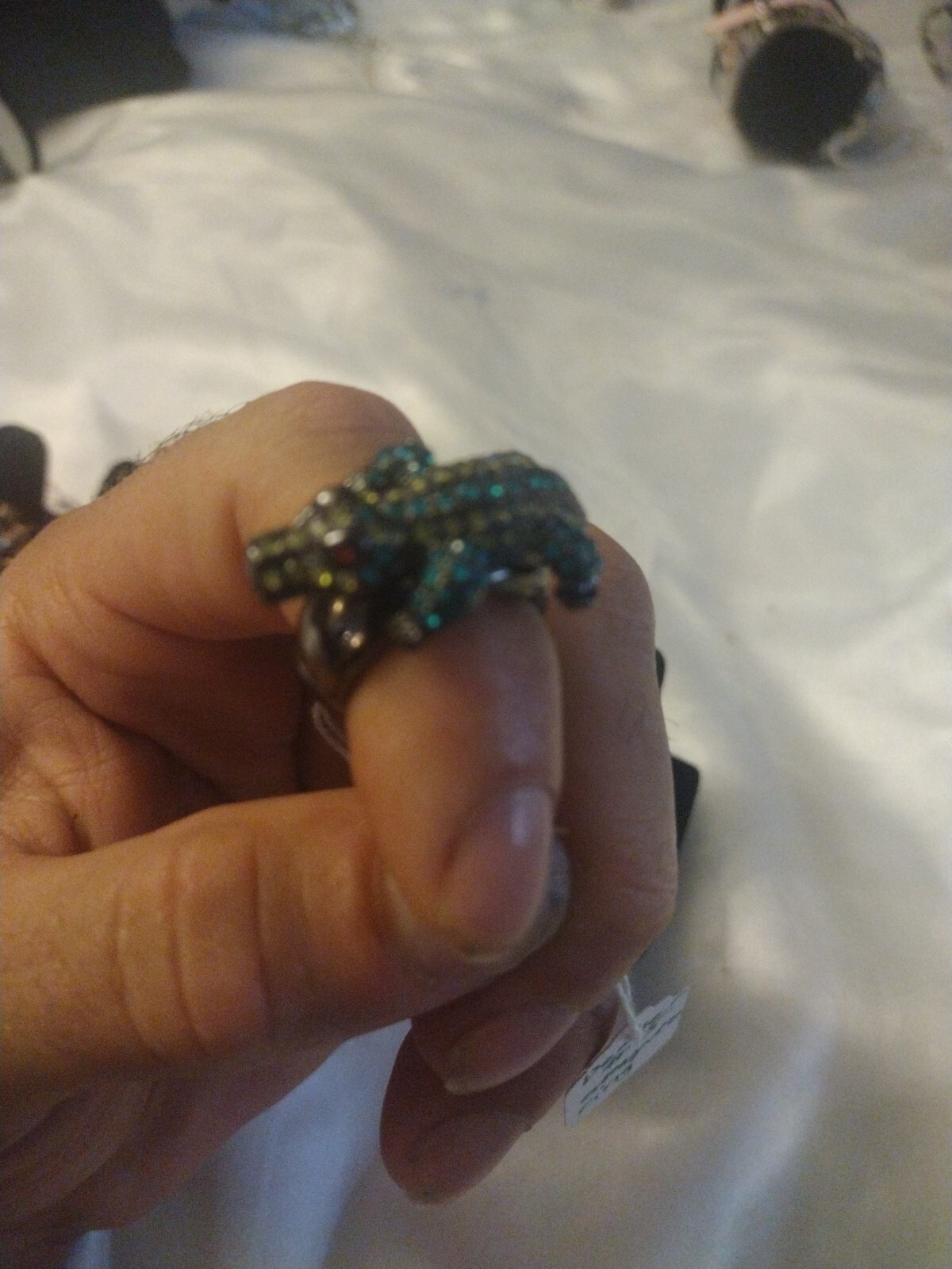 OPC Green Rhinestone Elastic Band Lizard Crocodile Ring Costume Jewelry EUC