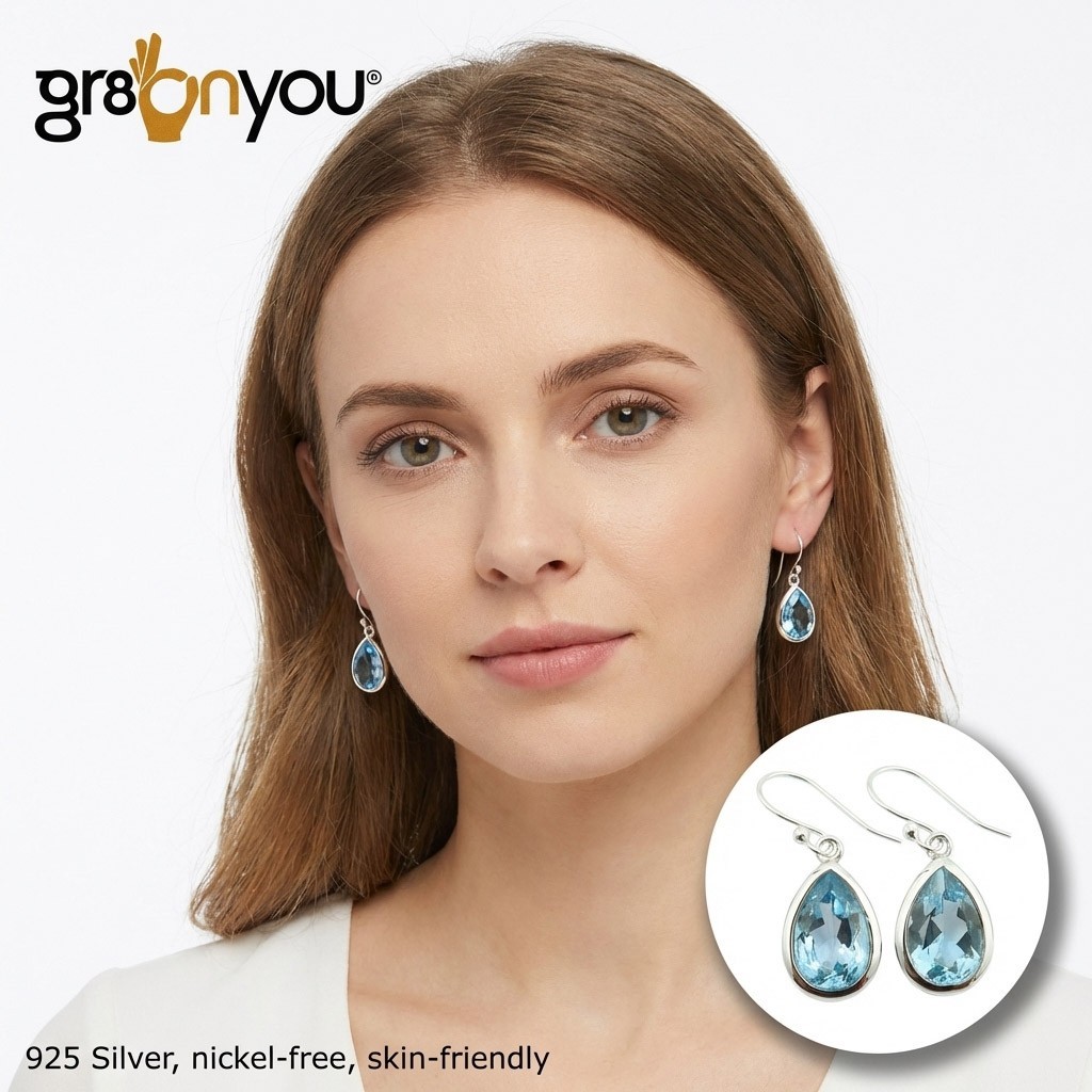 gr8onyou Teardrop Shaped BLUE TOPAZ Earrings in 925 Silver | COA