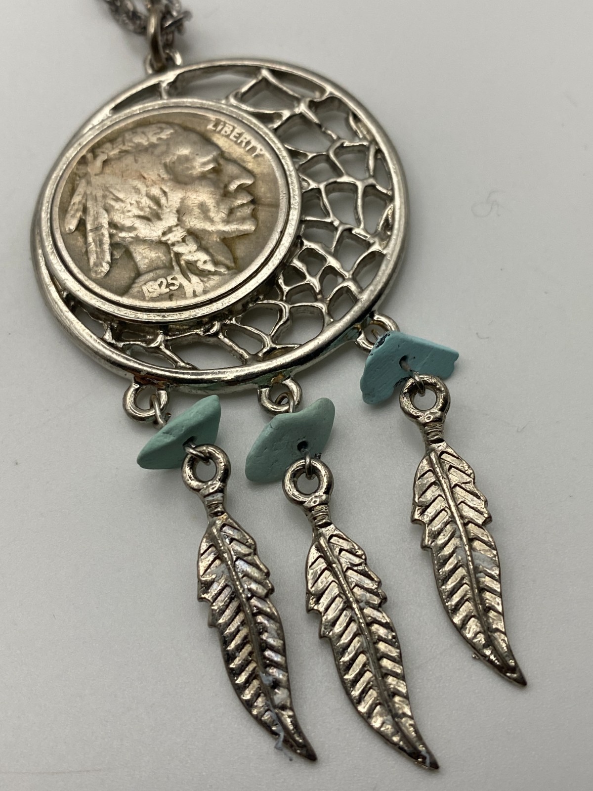 1925 Buffalo Nickel Dream Catcher Pendant 24″ Chain Silver Tone Metal Chain