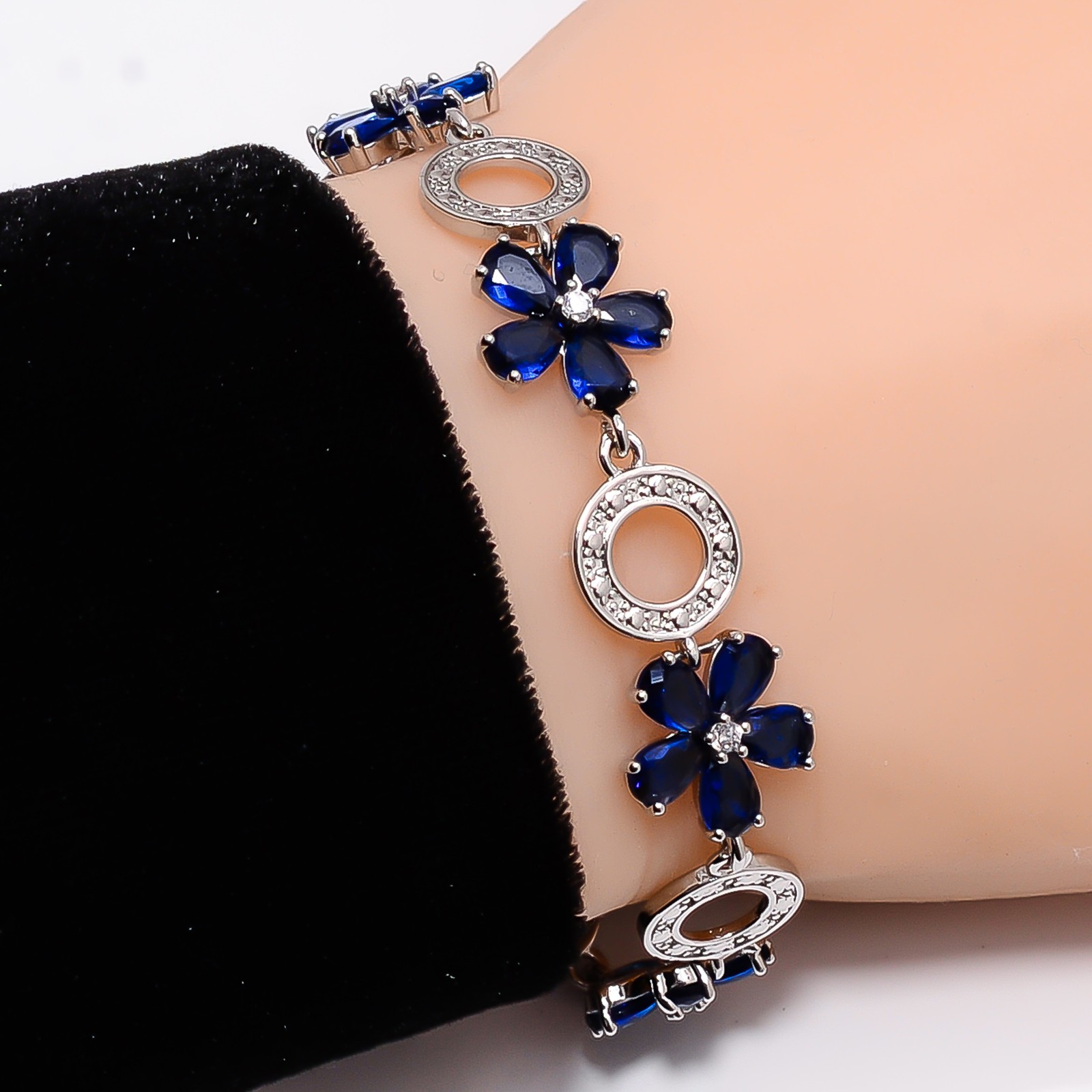Blue Sapphire -Simulated, CZ 925 Sterling Silver Adjustable Bracelet 7-8″ B8821