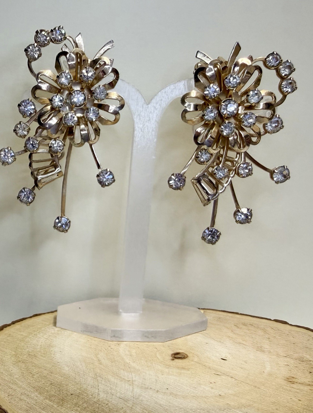 Vintage Floral With Rhinestone Accents Earrings, 1950s. Excellent Condition.
