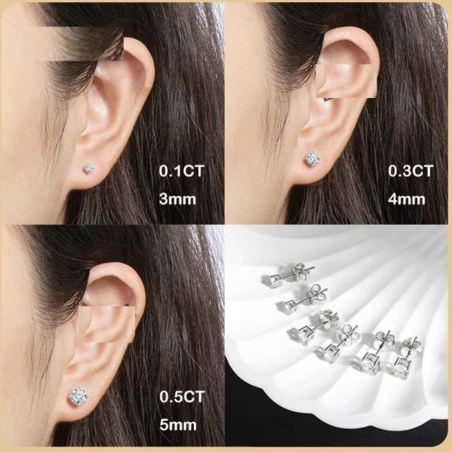 18k White Gold Plated Real 0.2-3CT D Color Moissanite Stud Earrings For Women