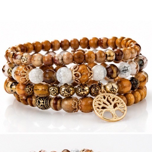 Tree of Life Stretch Bracelet 4-Set Earth Tone Wood & Stone Nature Spiritual