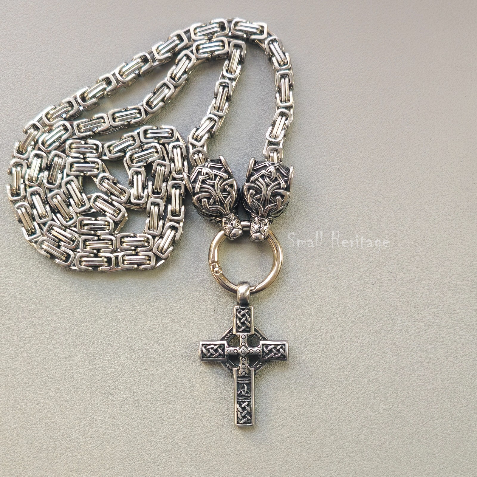 Large Wolf Cross Necklace – Heavy Stainless Steel Celtic Viking Pendant for Men