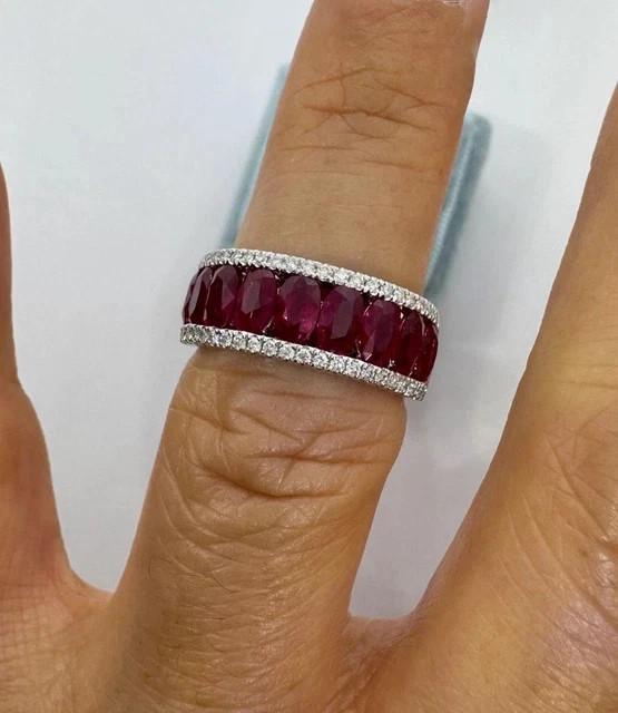 2.80 Ct Oval Cut Lab Created Red Ruby Wedding Band Ring 14K White Gold Plated
