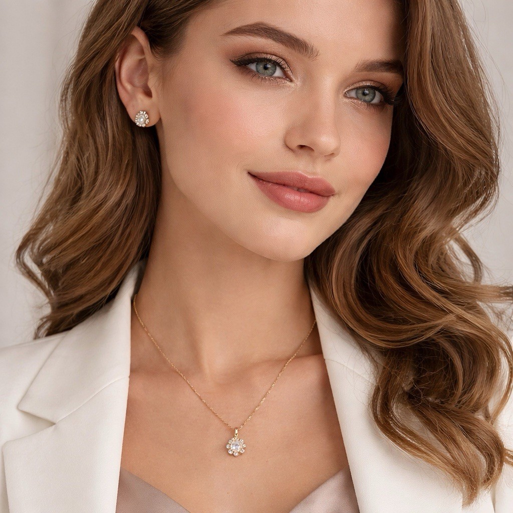 TIVOLI GOLDTONE CLEAR CUBIC ZIRCONIA HALO NECKLACE PENDANT & EARRINGS NEW