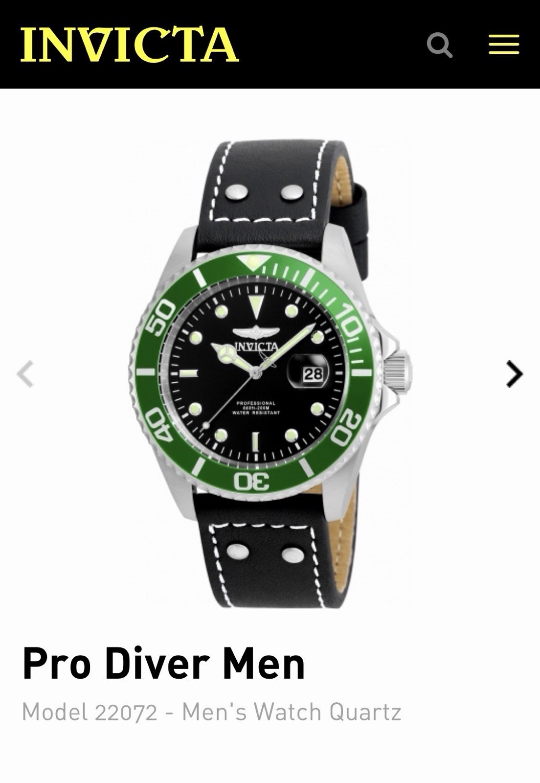Invicta Pro Diver Men’s Quartz Date 48-51.9mm Green Bezel Black Dial Leather Box