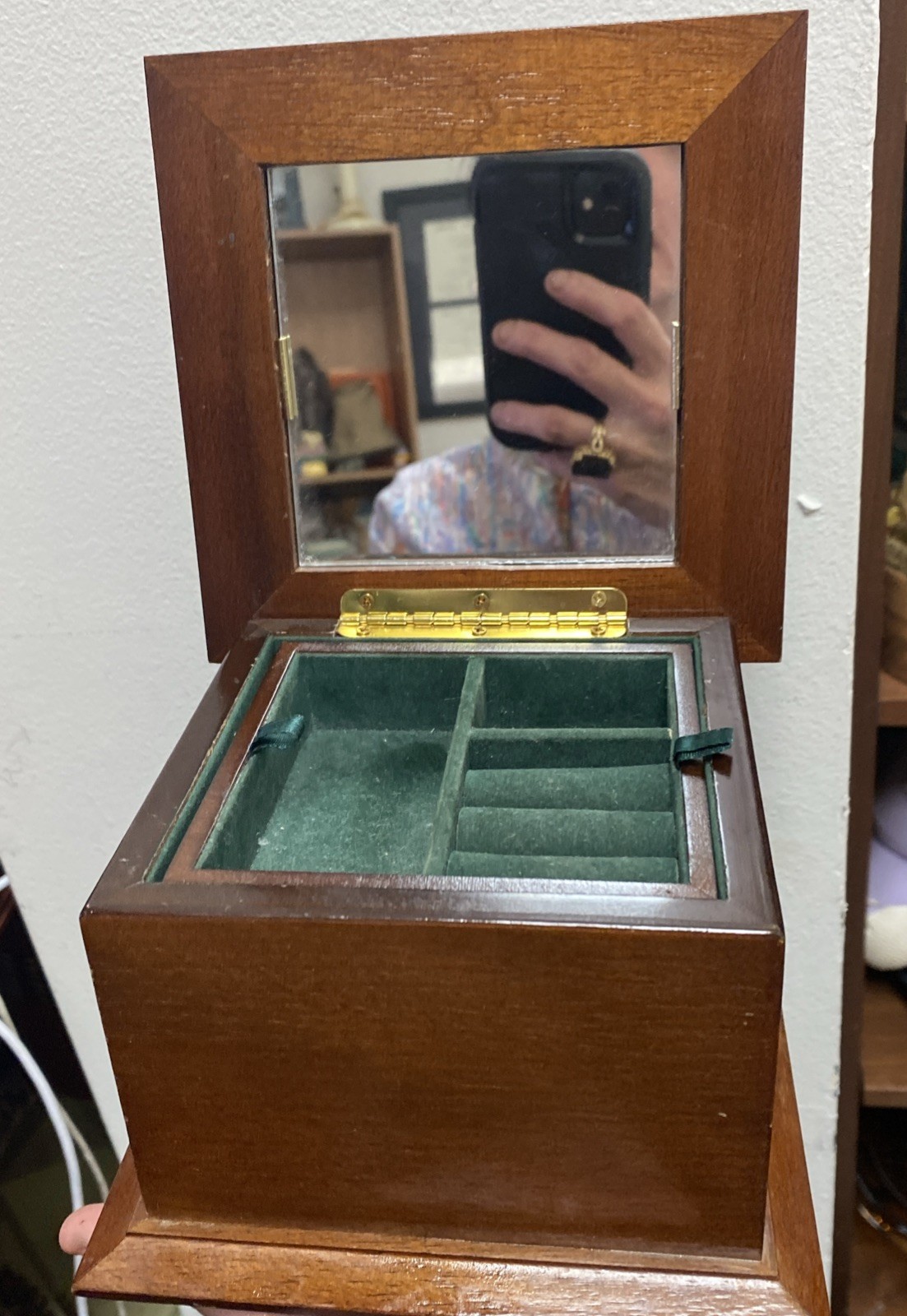 Wooden Jewelry Box 6x6x4″ Hinged Lid Two Levels Mirror Green Velvet Interior