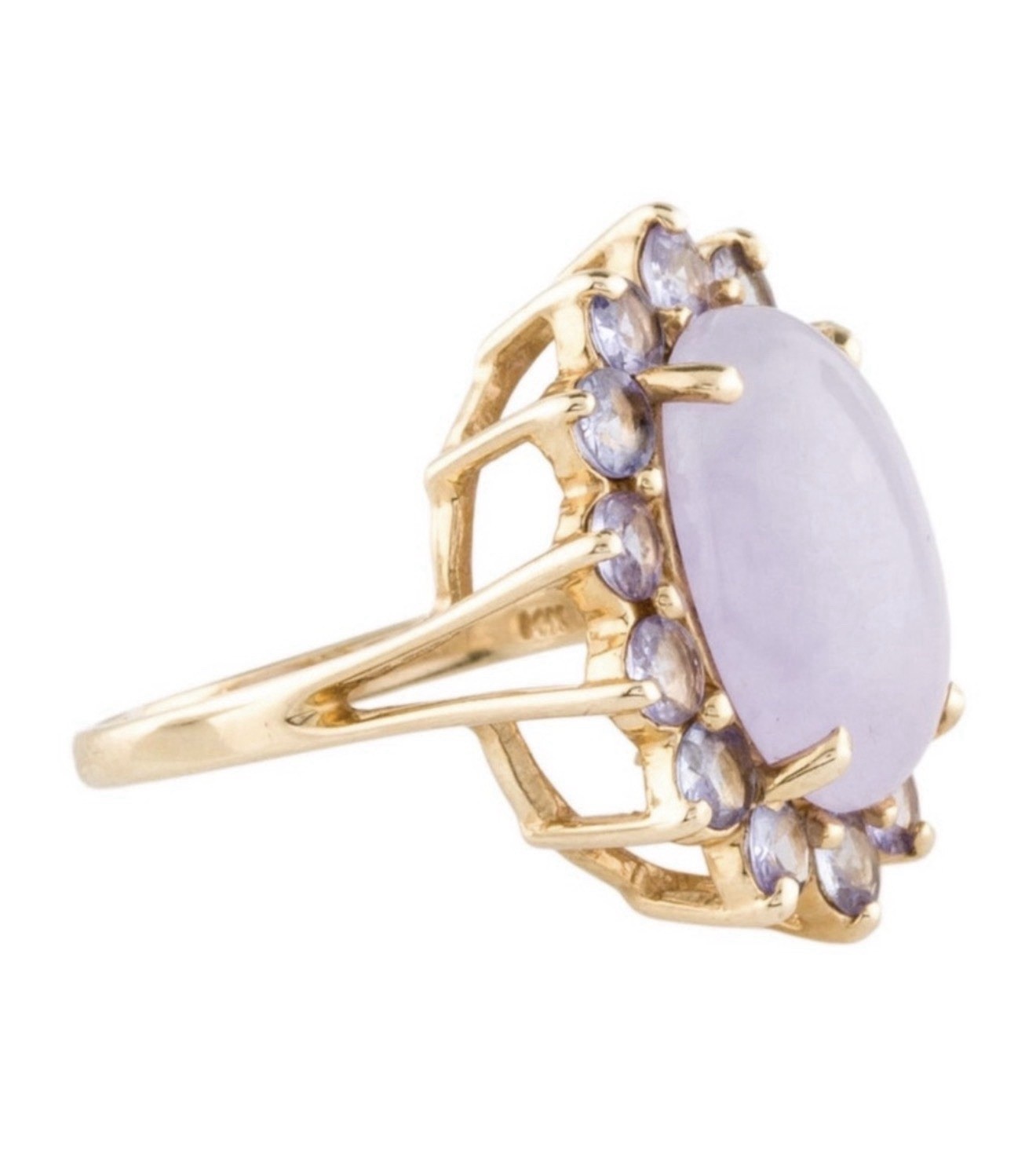 14K Gold 5.59ct Center Purple Jade & 1.12 CTTW Tanzanite Gemstone Ring size 5.5