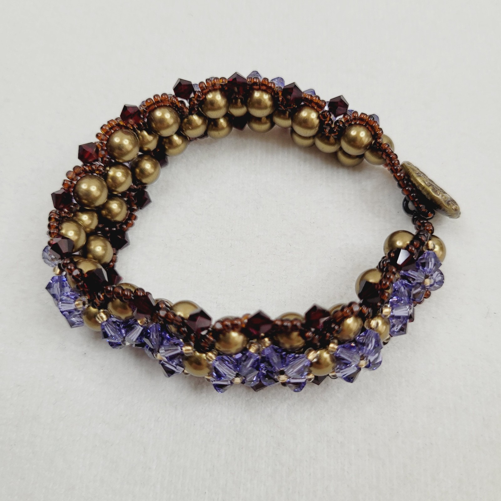 Purple Dark Red Gold Bead Woven Lace Bracelet Toggle Closure Reversible 7″ Long