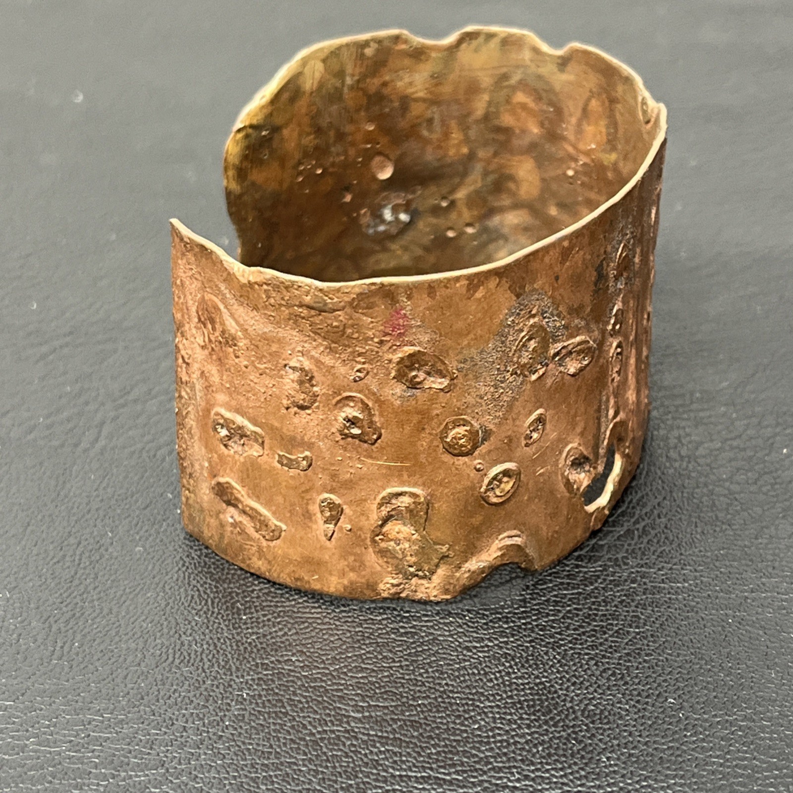 Copper Cuff Bracelet Artisan Heart stamp brutalist 1.5″ wide