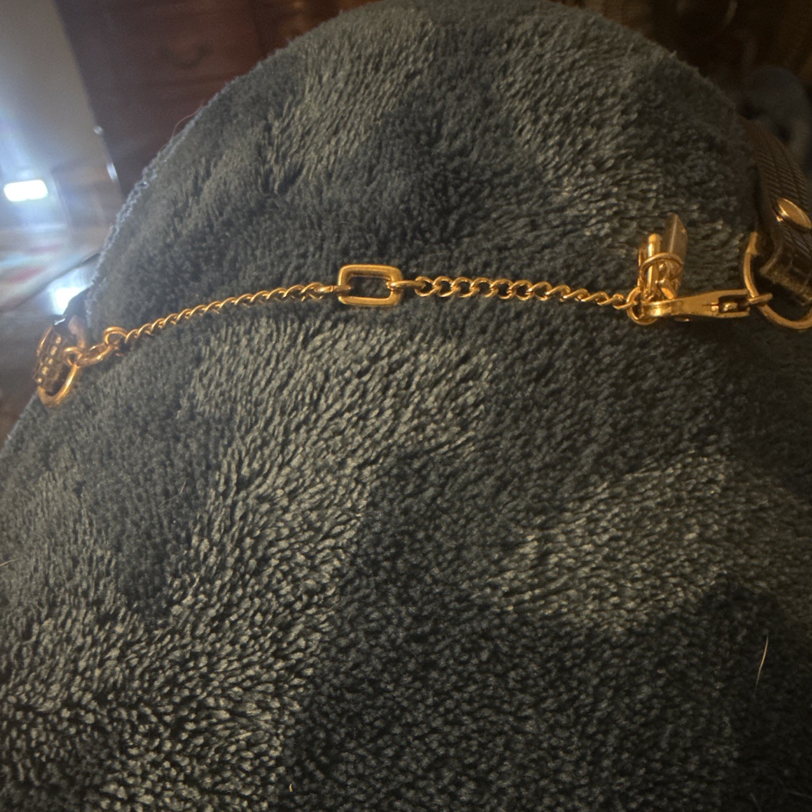 Gold Tone Crescent Collar Statement Necklace Black Straps Adjustable