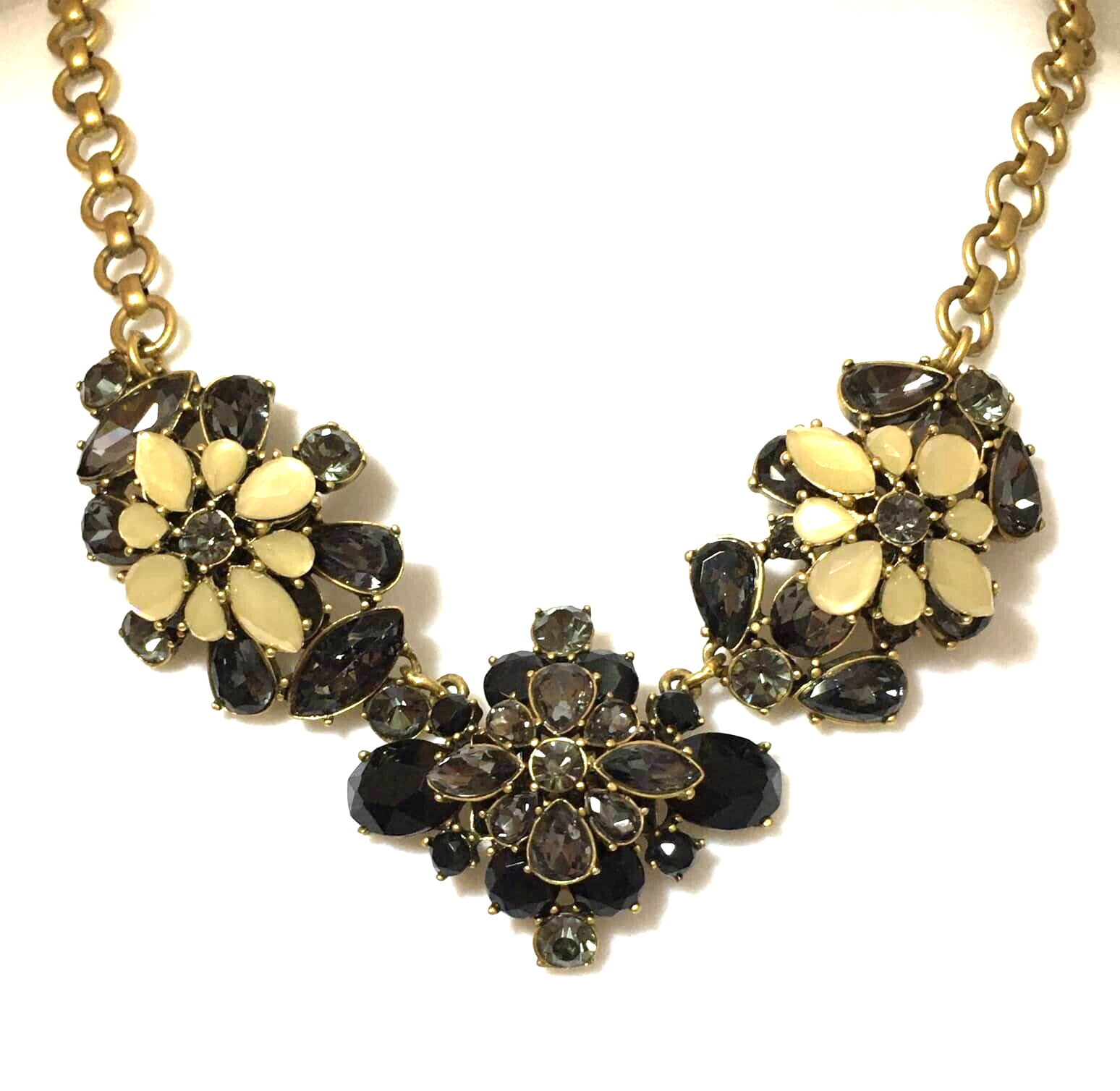 VTG J.Crew Statement Necklace Smoky Blue Gray Glass Crystals Black Yellow Signed
