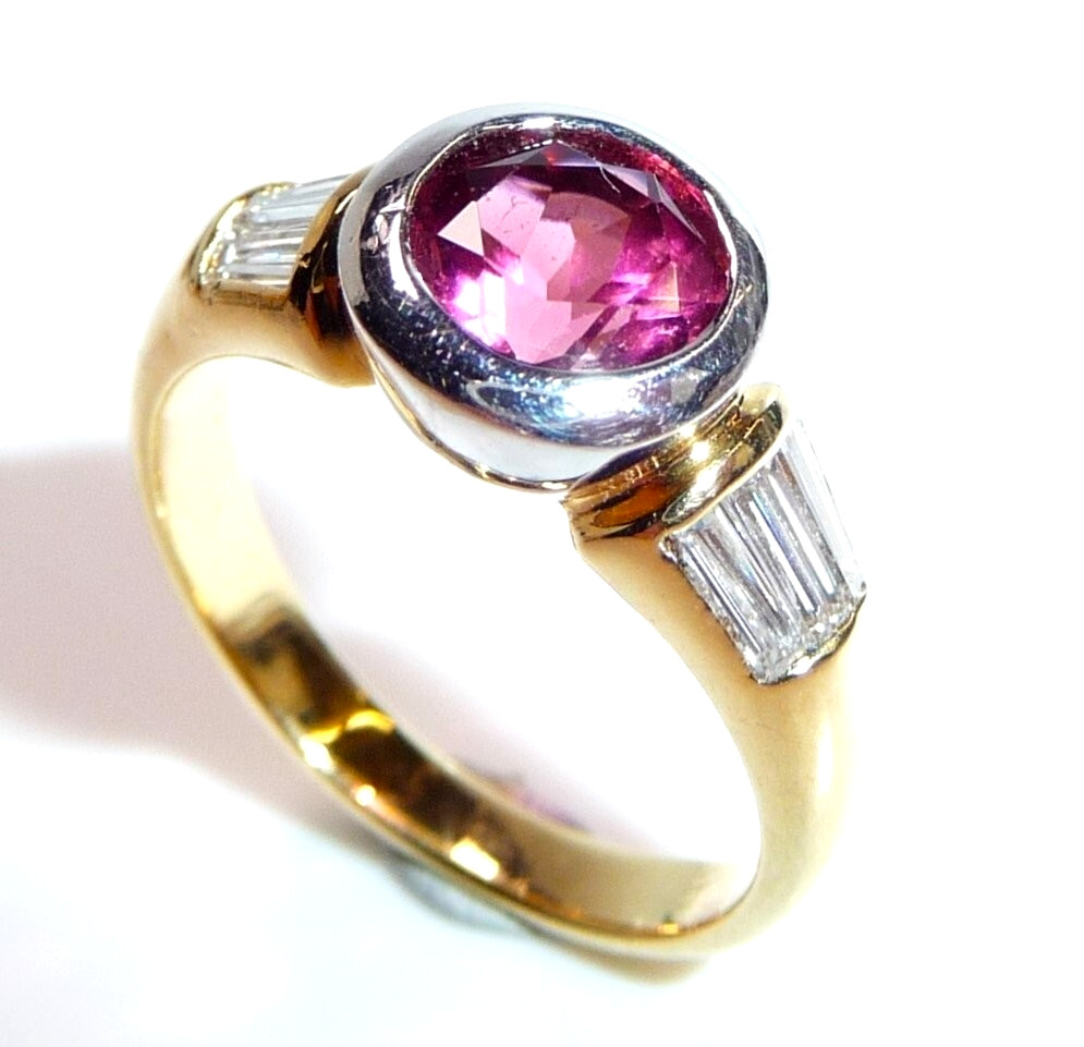 Ring 750 yellow gold 1.28ct pink tourmaline 0.60ct diamonds size 55/17.5 mm rubellite