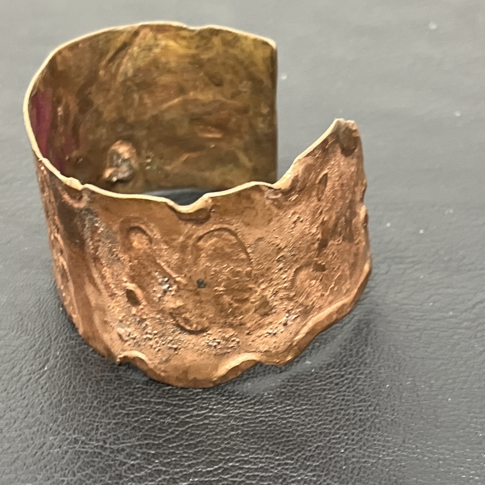 Copper Cuff Bracelet Artisan Heart stamp brutalist 1.5″ wide