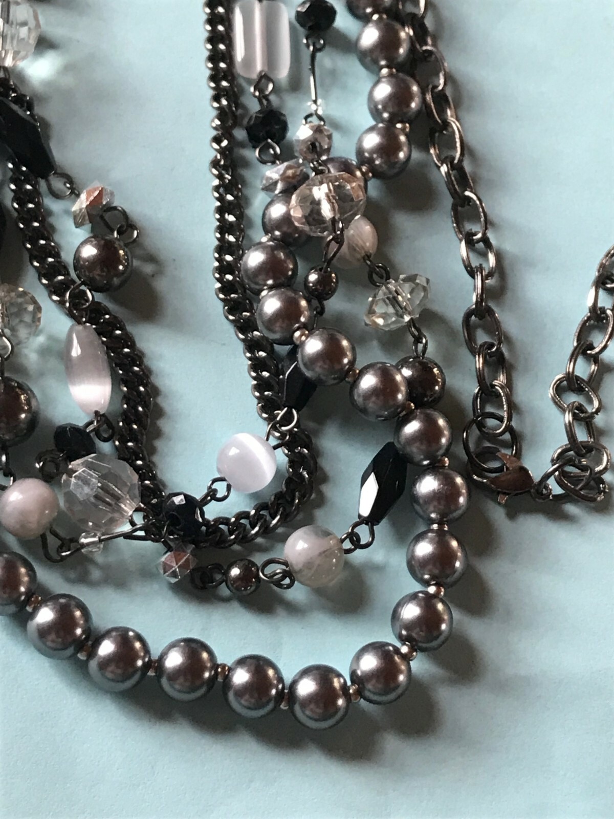 Long Oxidized Silvertone Chain w Multistrand Gray White & Black Beads Necklace