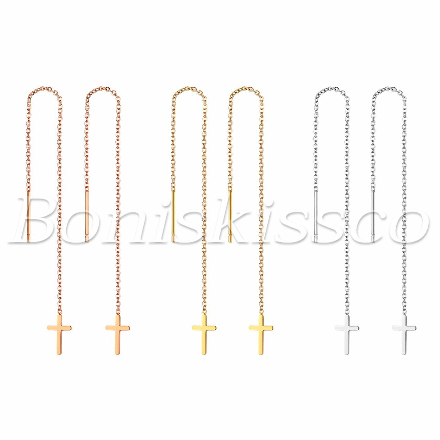 2pcs Women’s Stainless Steel Tassel Ear Line Chain Cross Drop Dangle Earrings
