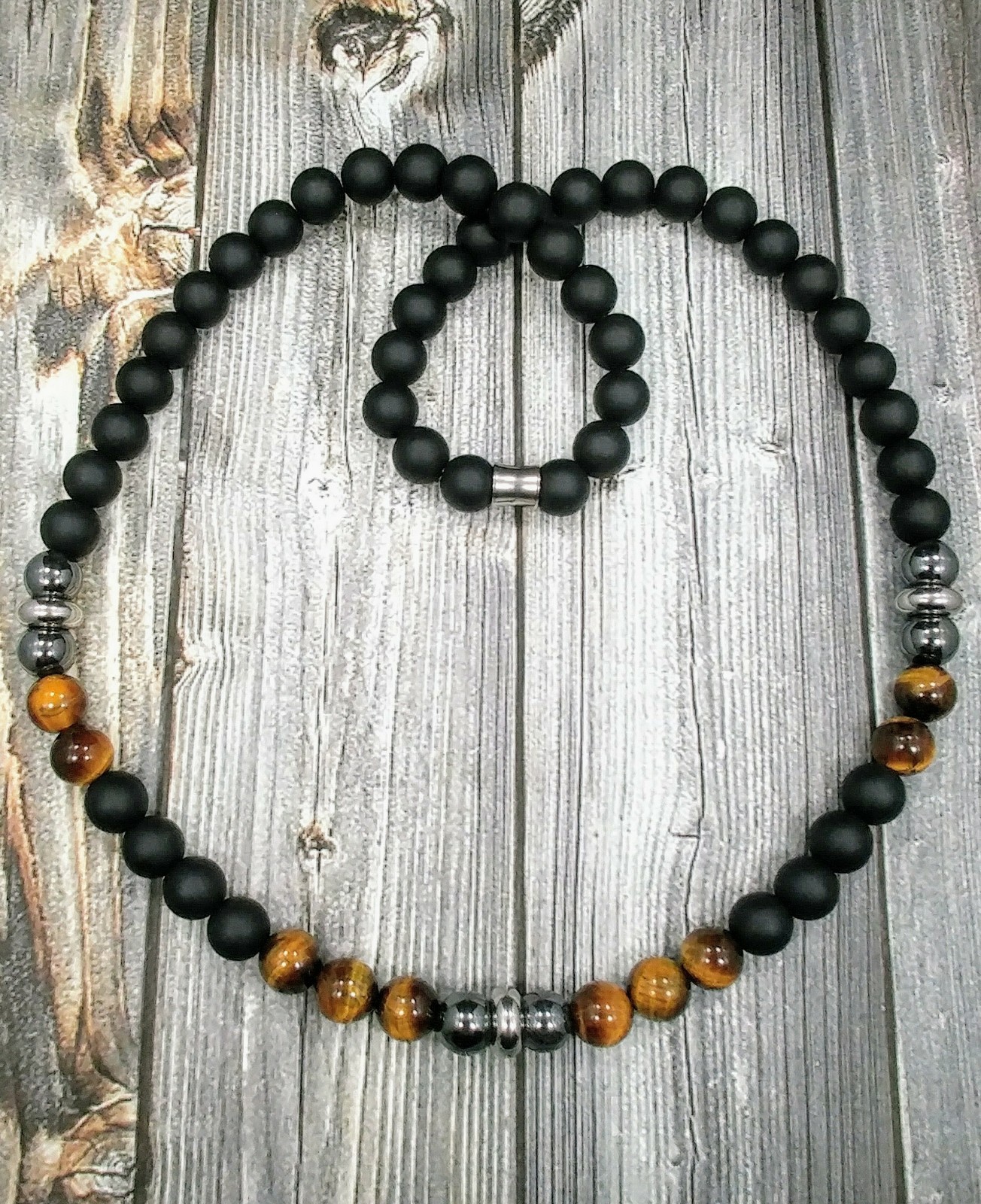 24″L STAINLESS STEEL 10mm Tigers Eye+Onyx+Hematite Gemstone Beaded Mens Necklace