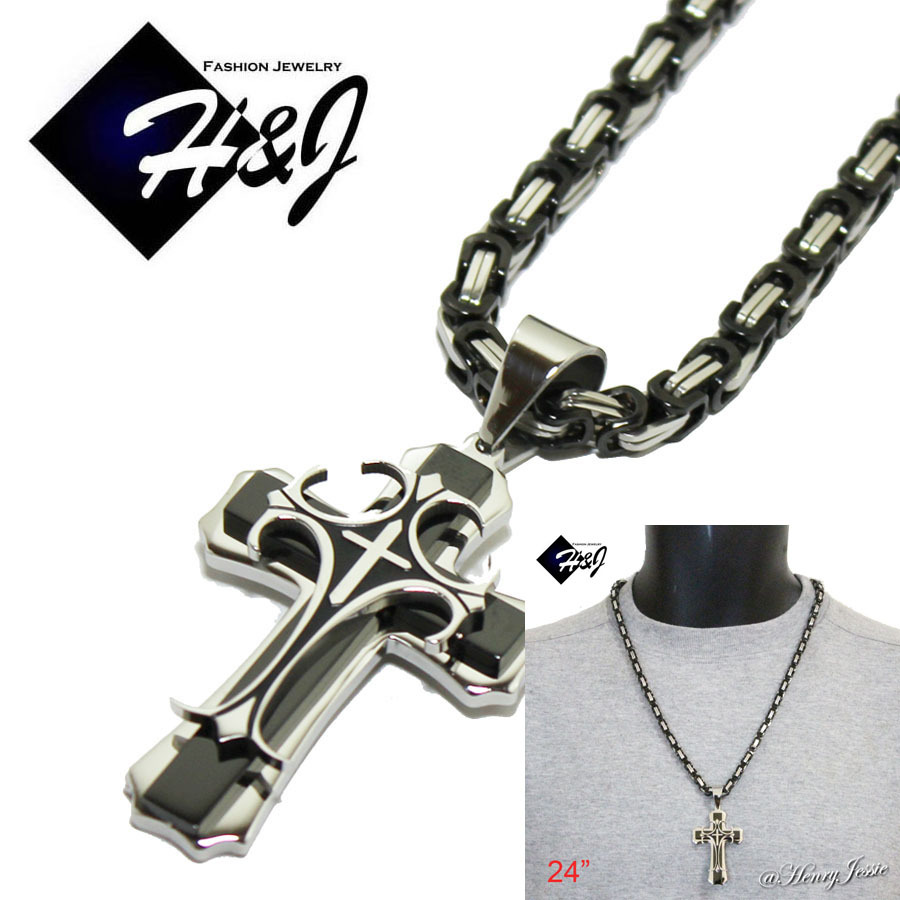 24″MEN’s Stainless Steel 6mm Silver/Black Plated Box Necklace Cross Pendant*BBH