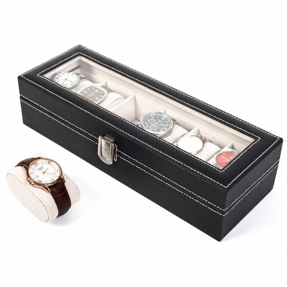 6 Slot Jewelry Box Display Case Watch Box Watch Case PU Leather Box Gift New .