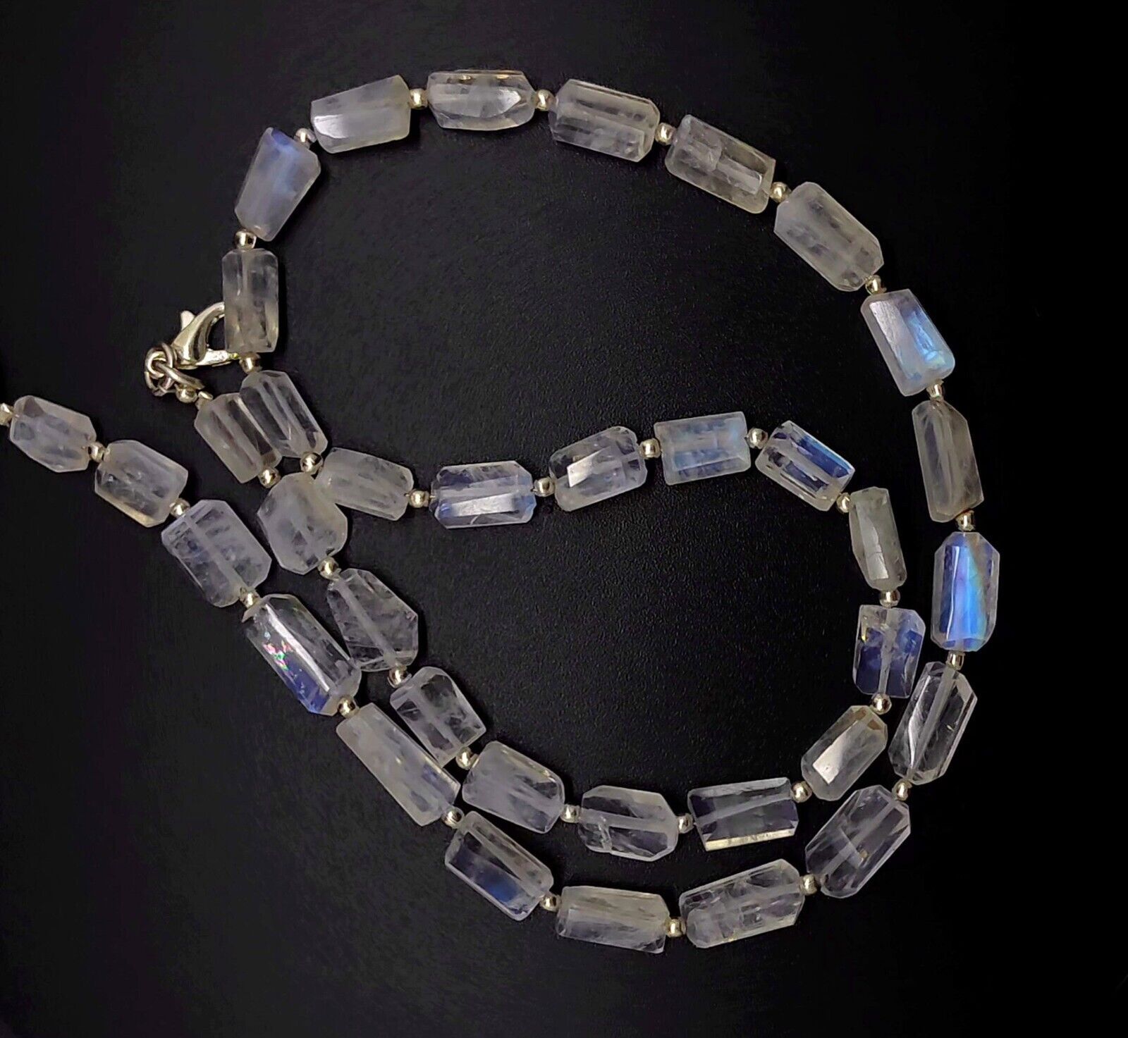 Blue Fire Rainbow Moonstone Gem 8 to 10mm Size Faceted Nugget Beads Necklace 17″