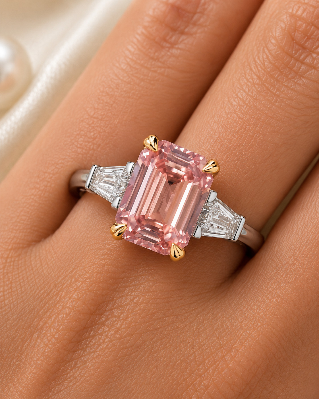 Fancy Intense Pink Diamond Ring 18k Multi Gold IGI Lab Grown 4.70 Ct Emerald Cut