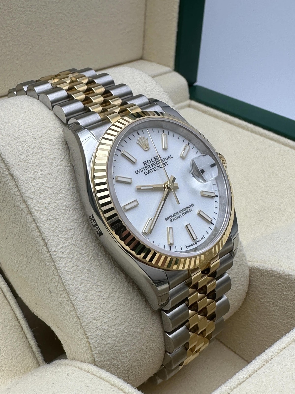 Rolex Datejust 36 126233 18K Fluted White Dial Jubilee Box Papers FULL STICKERS