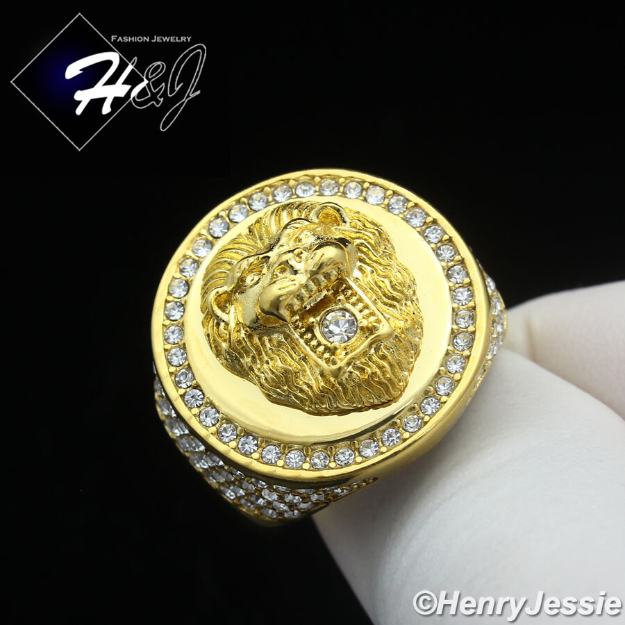 MEN Stainless Steel ICY Bling CZ 3D Lion Face Silver/Gold Plated Round Ring*R147