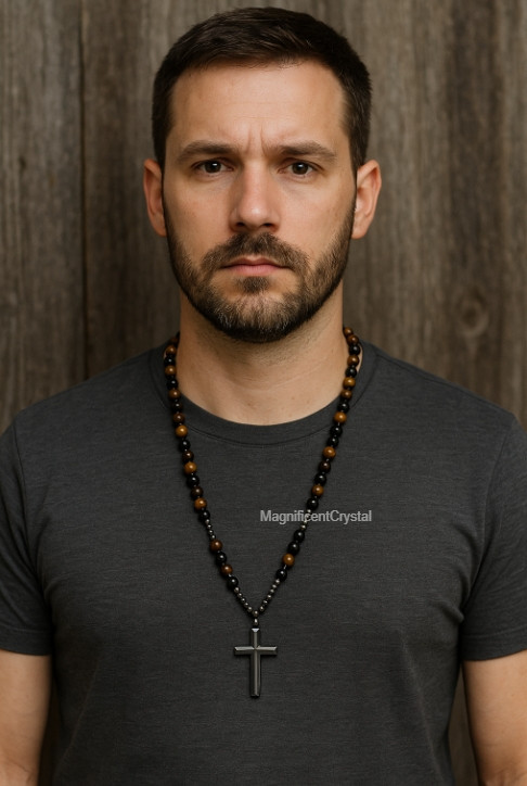 Black Tiger Eye Hematite Cross Necklace Hand Knotted Beads Lucky Pendant