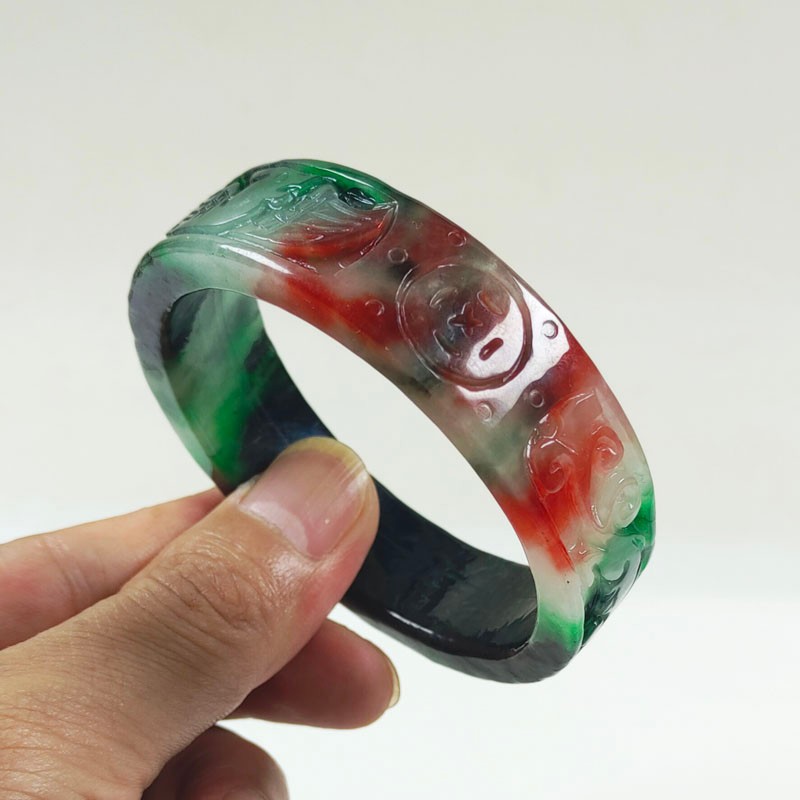 61mm Real Natural Ice Multicolor Burmese Jade jadeite Carving Bracelet Bangle