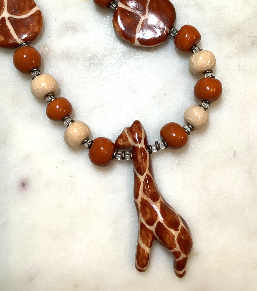 Beaded Giraffe Necklace 22″ Hand Crafted Clay Crackle Glaze Africa Safari Animal