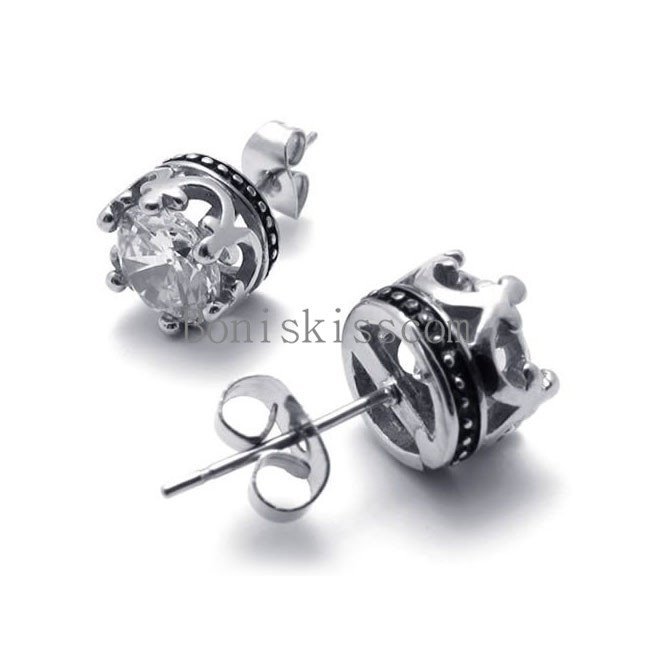 Women’s Men’s Round Crown Cubic Zirconia Silver Stainless Steel Stud Earrings