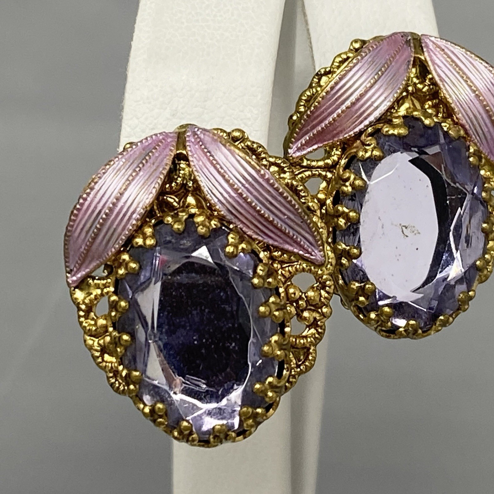 Purple Glass Rhinestone Earrings Pierced Enamel Silk Ribbon W Germany Style 1″