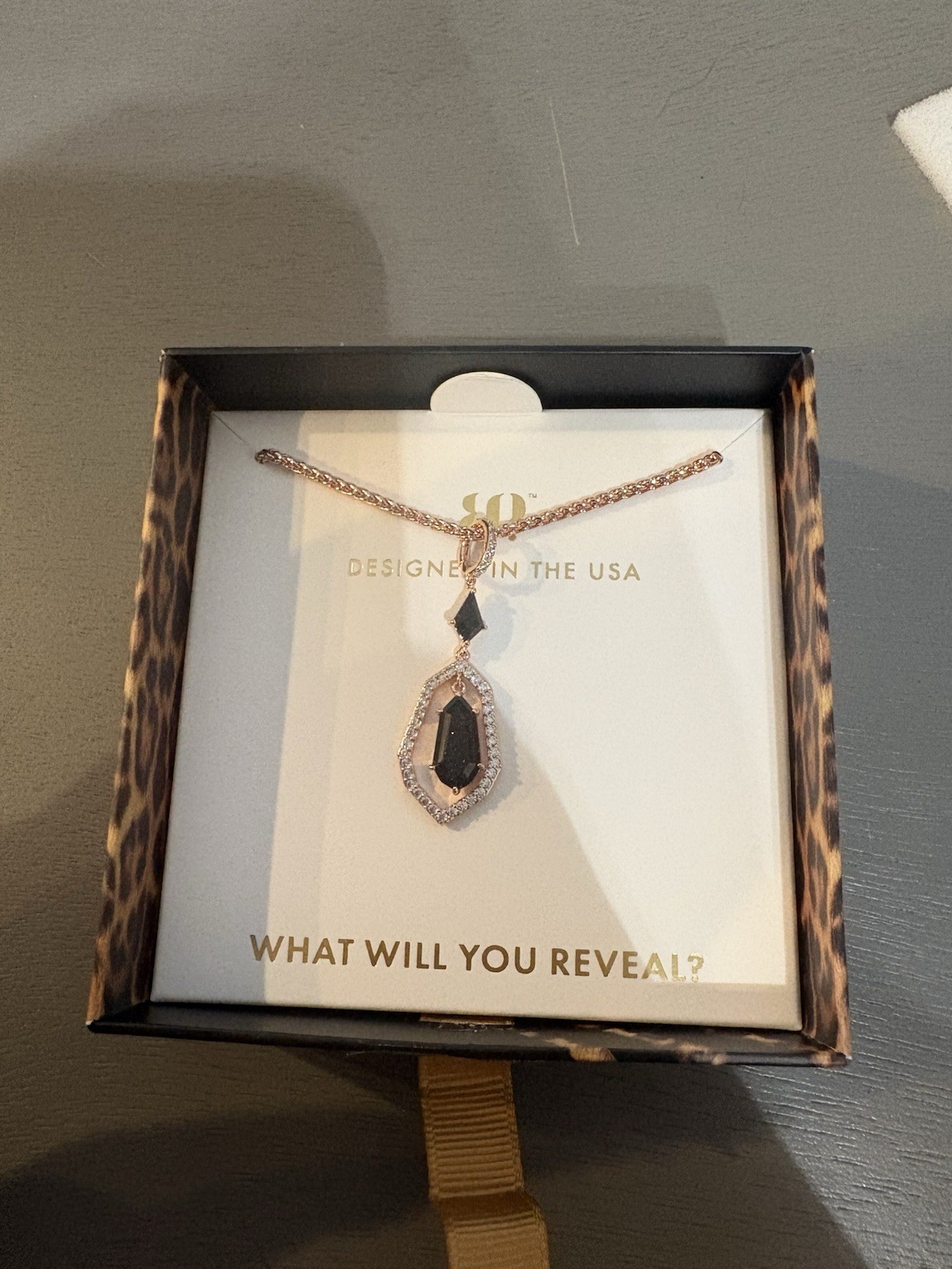 Rose Gold Plated Onyx Sandstone CZ Hexagon Pendant Necklace 18″ Adj NK68583