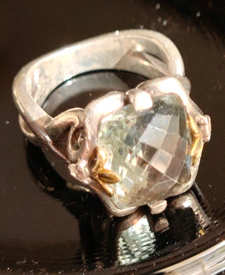 Vintage Ann King Sterling 18K Gold Ring Lt Green Amethyst Sz 9 Fleur de Lis 14g