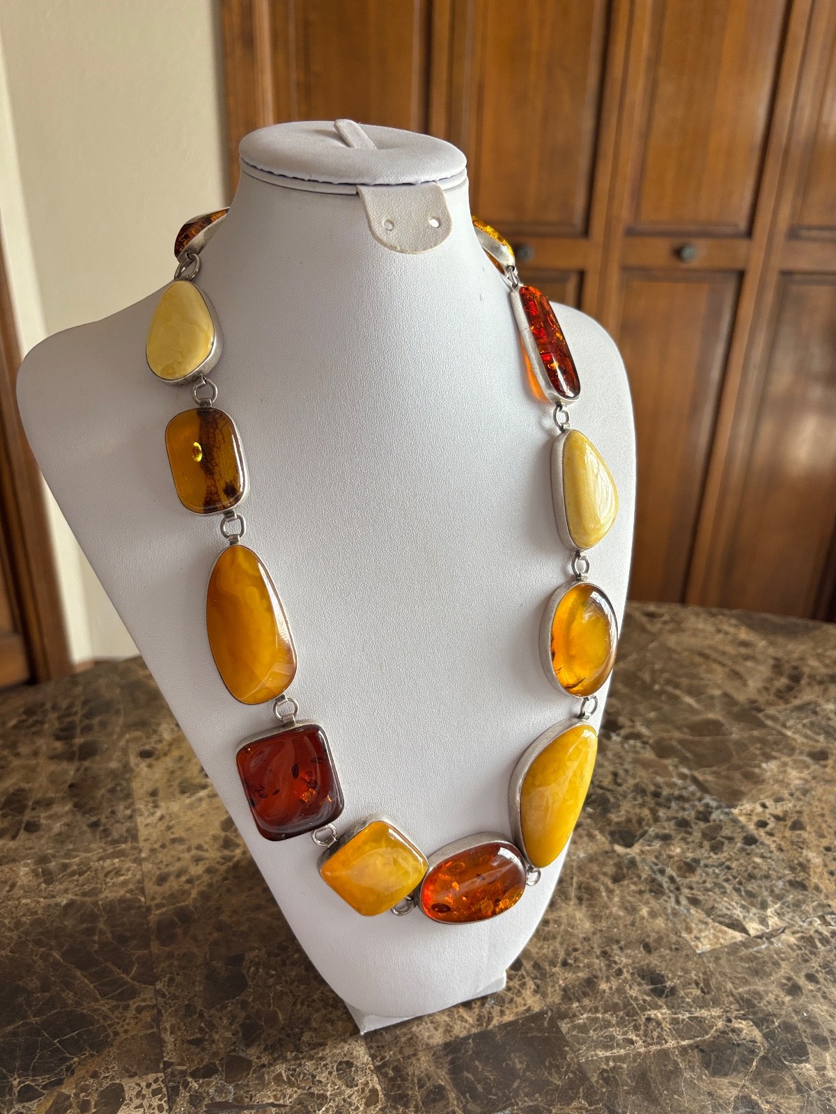 Genuine Lg Amber & Sterling Statement Necklace Egg Yolk Cognac Butterscotch 143g