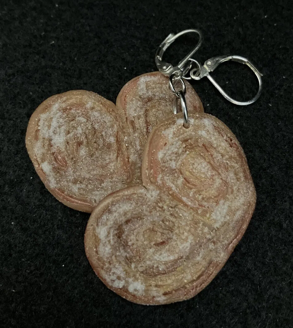 Sugar Cinnamon Palmier French Heart Pastry Earrings, 925 SS Hooks, Artisan Made
