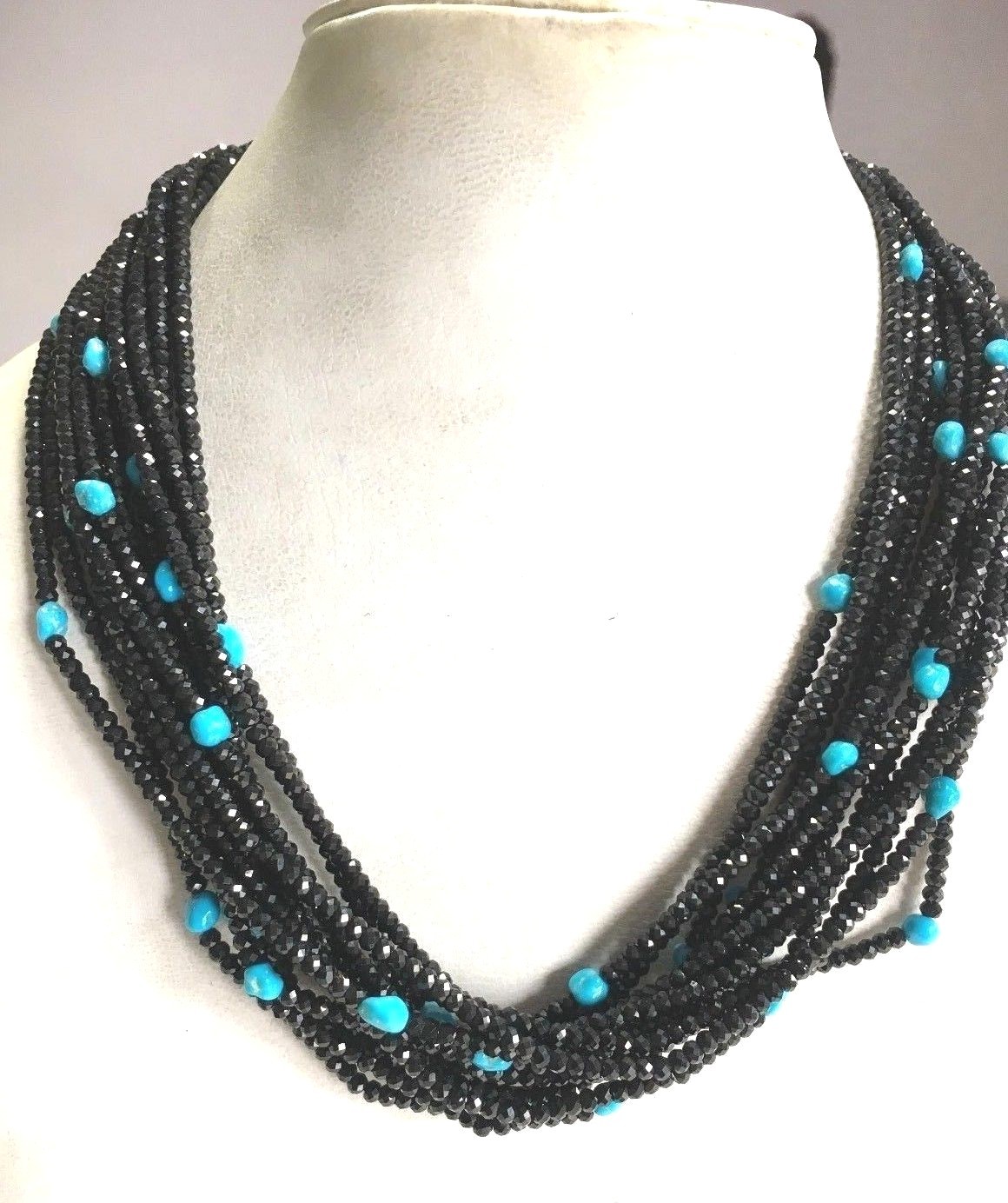 14 stands Faceted Black Spinel Turquoise necklace,Black Spinel Beads,Turquoise