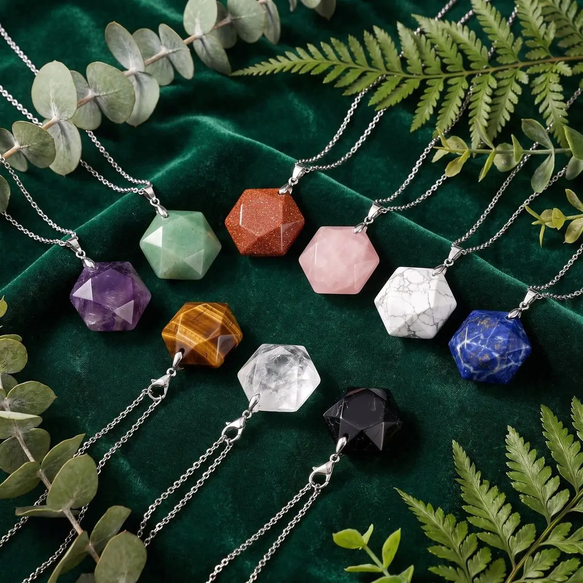 6PCS 22mm Faceted Hexagon Natural Stone Necklace Healing Crystal Pendant