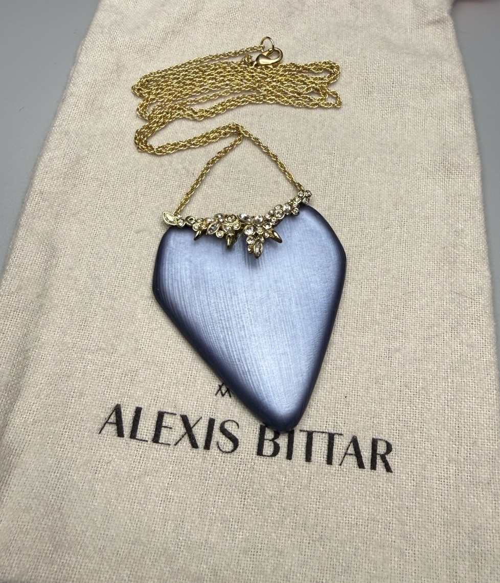 ALEXIS BITTAR Necklace Slate Blue Lucite Gold Plated Crystal Encrusted 32.5” VTG