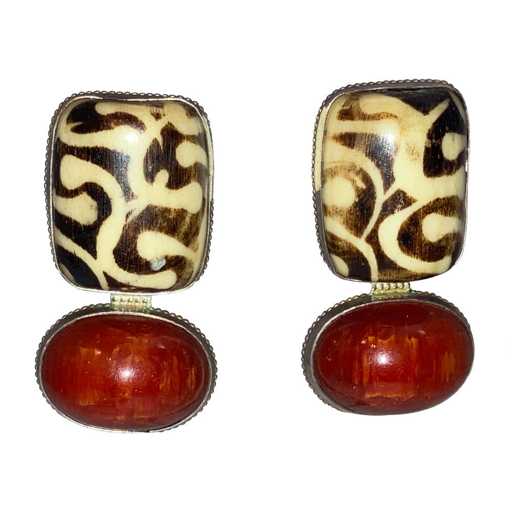 Sterling Dyed Water Buffalo Bone Cherry Amber Earrings