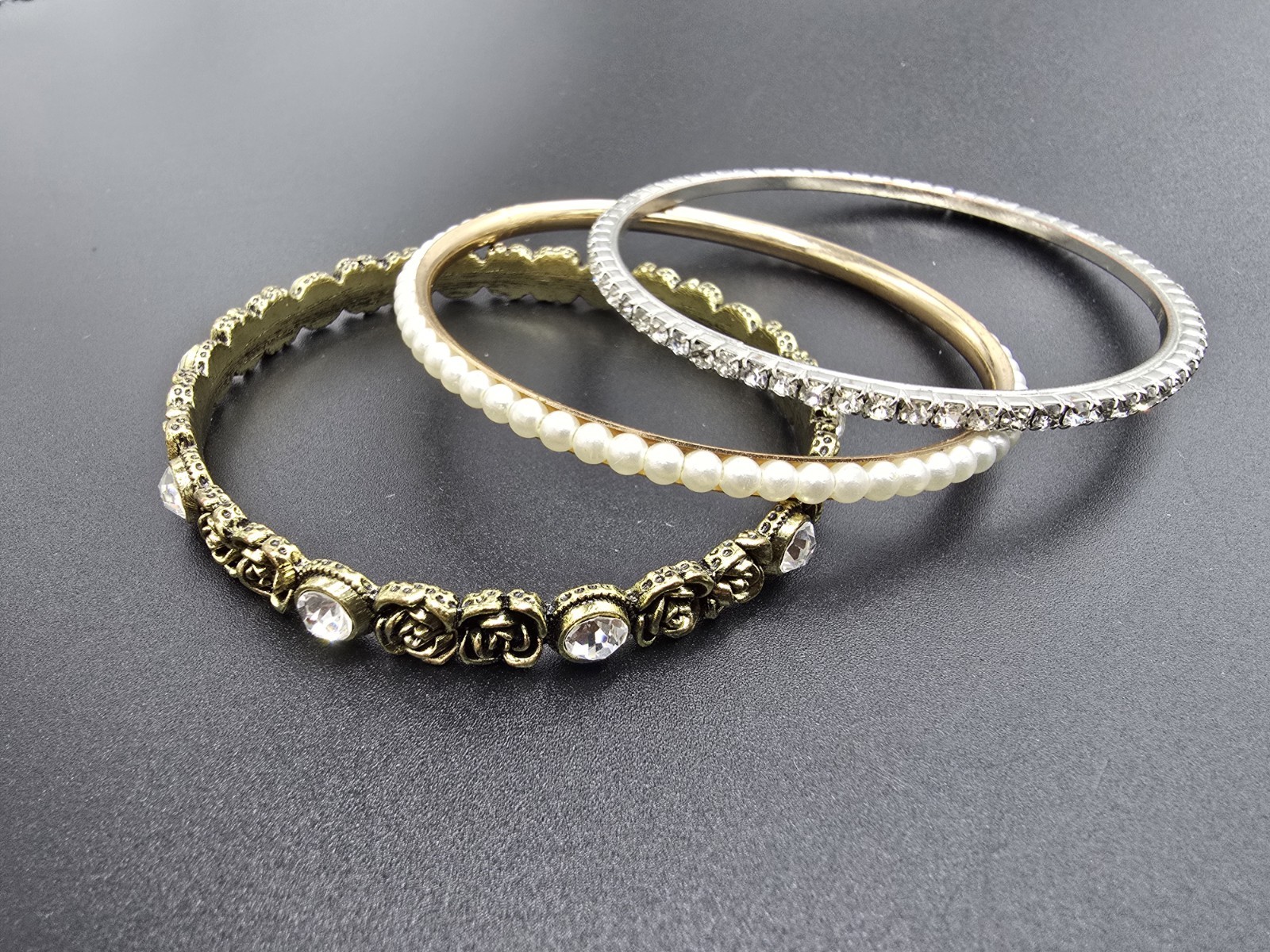 3 pc Mixed Brasstone White Bead Bracelet SET (B4) FLOWERS AND ELEGANCE