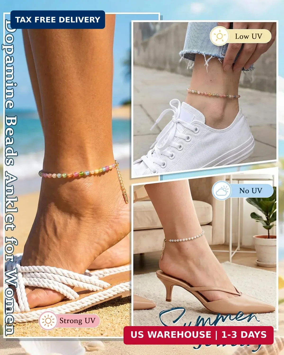 Dopamine Bead Anklet for Women, UV Reactive Colorful Summer Jewelry | UV Reactiv