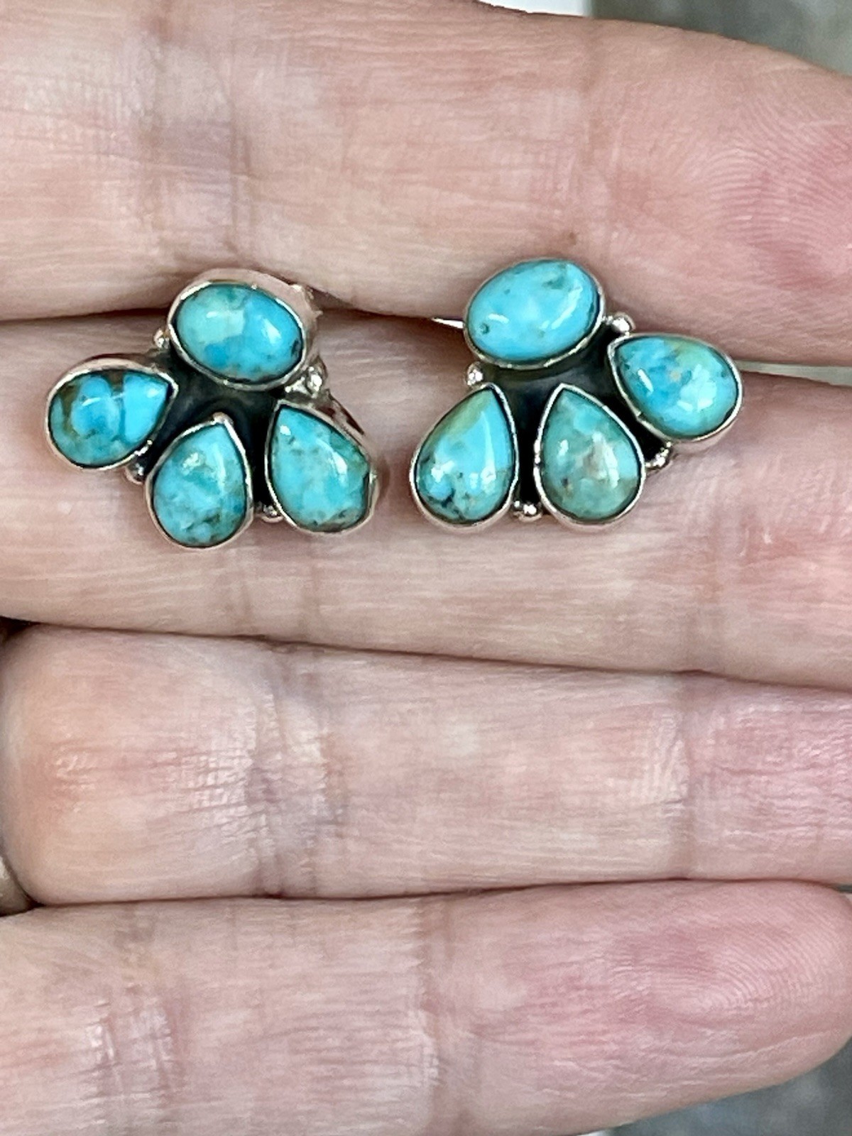 Native American Style Sterling Silver Turquoise Cluster Earrings Southwest Boho
