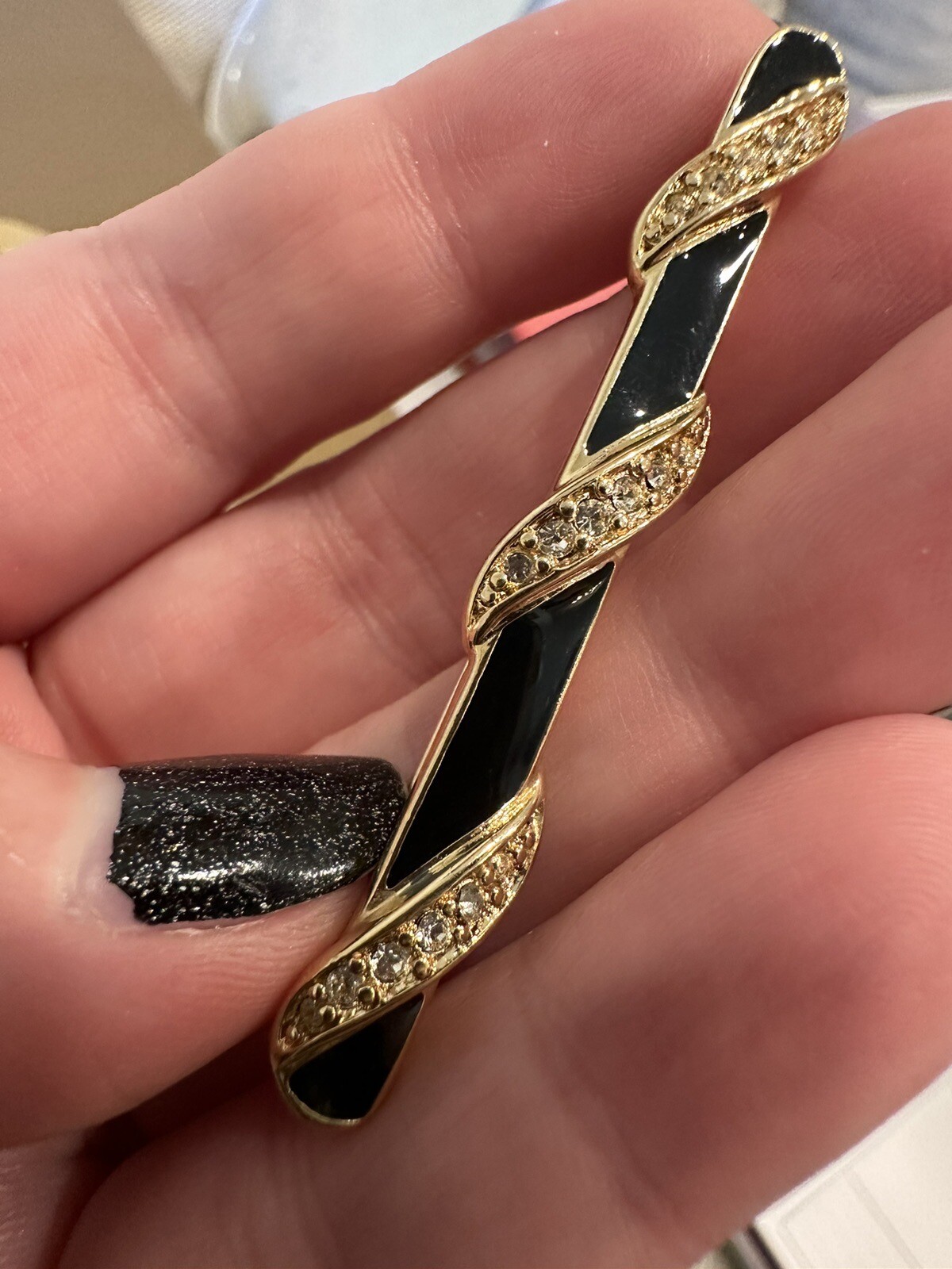 Trifari Vintage Lot 3 Earrings 1 Bar Brooch Gold Tone Black Enamel Rhinestones