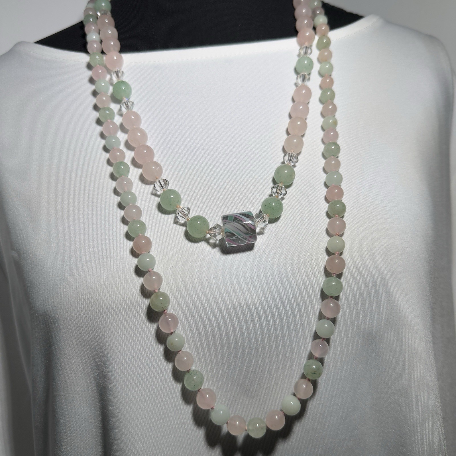 Pink And Green Gemstone Necklace Set, 24in Clasp And 32in Endless Strand