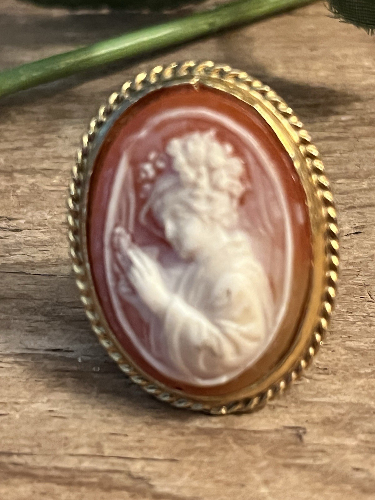 Vintage Brown Ivory Molded Cameo Statement Ring Gold Tone Adjustable 5.5