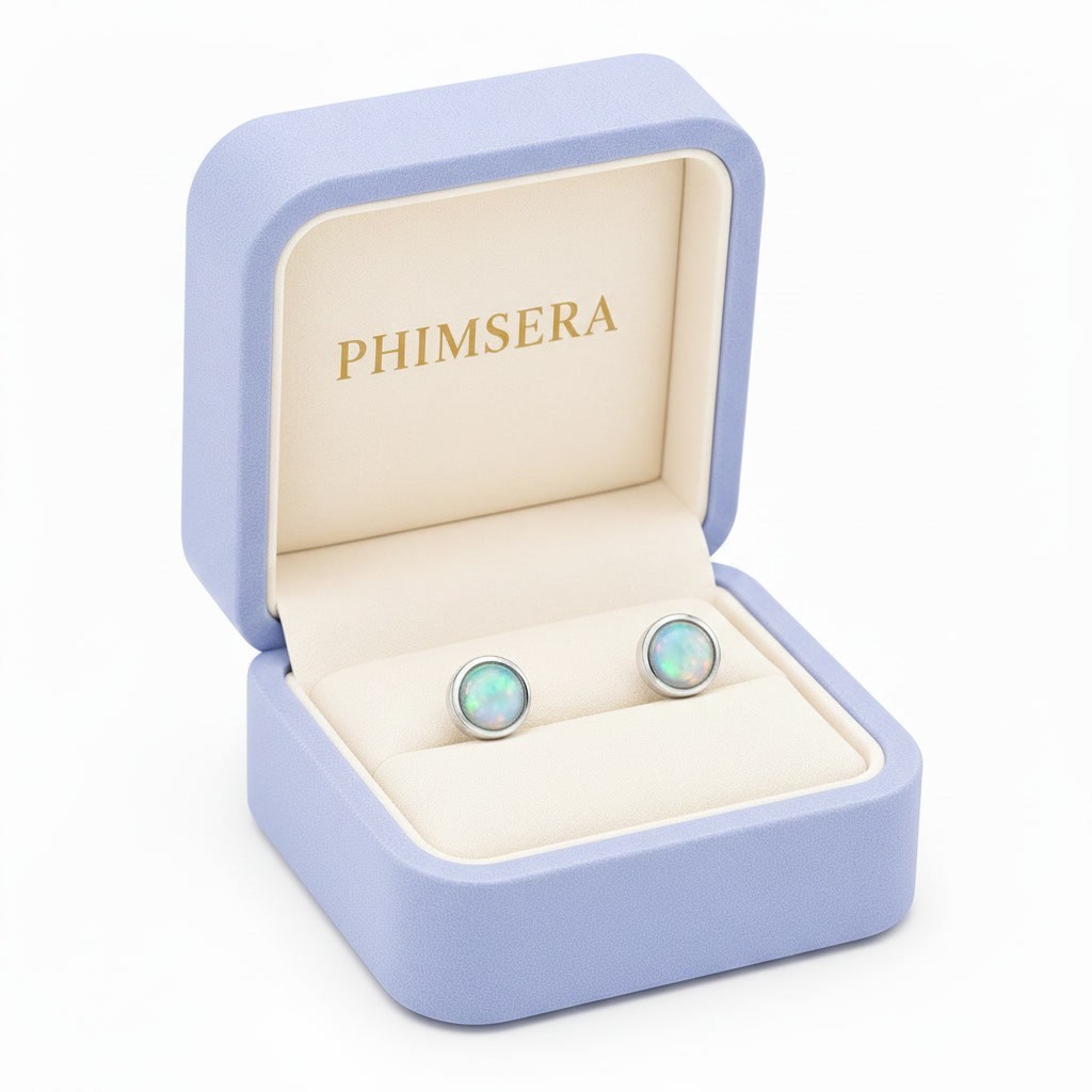 Natural Fire Opal Earrings with Bezel Setting, Round Opal Stud Earrings 5mm