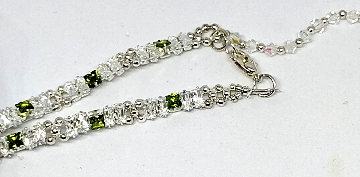 7-inch Bracelet Rectangle Stack – 2x4mm White, 3mm GREEN Square Prong-Sets